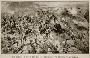 De Scene op Spion Kop: De Wanhopige Situatie van Majoor Thorneycroft, naar een schets van een Britse Officier door Frank Craig